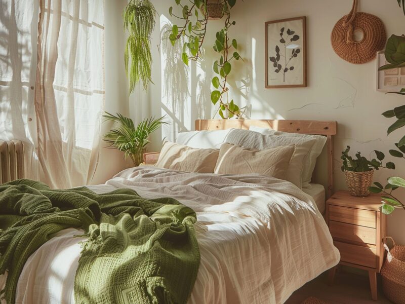 Boho sypialnia z roślinnymi dekoracjami, jasnym łóżkiem i naturalnym światłem