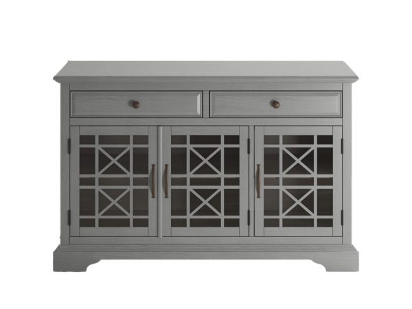 Szara drewniana komoda z przeszklonymi drzwiami i szufladami w stylu klasycznym