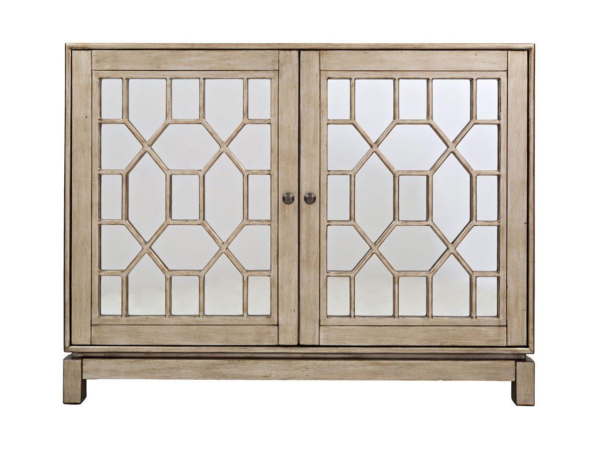 Komoda glamour z lustrzanymi frontami i złotymi przetarciami – Avola