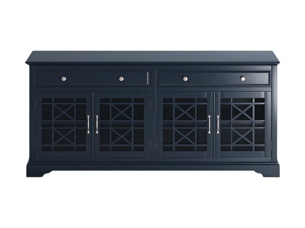 Granatowa komoda z przeszklonymi frontami i dekoracyjnymi uchwytami