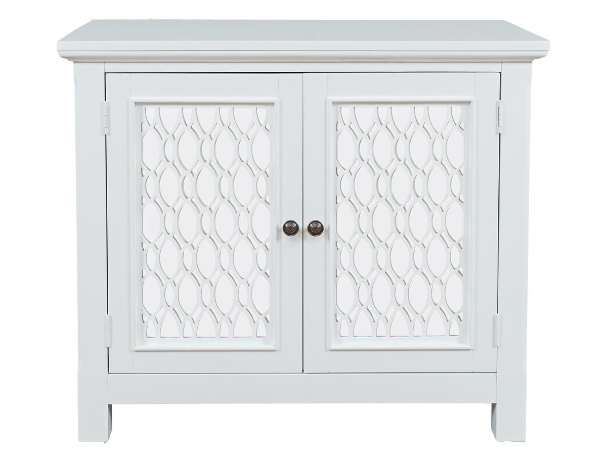 Biała Komoda z Lustrzanymi Drzwiami i Ozdobnymi Szprosami – Avola