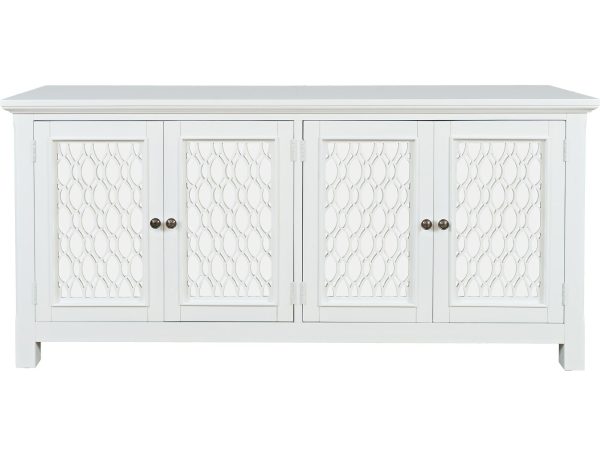 Biała komoda z ozdobnymi frontami w stylu glamour