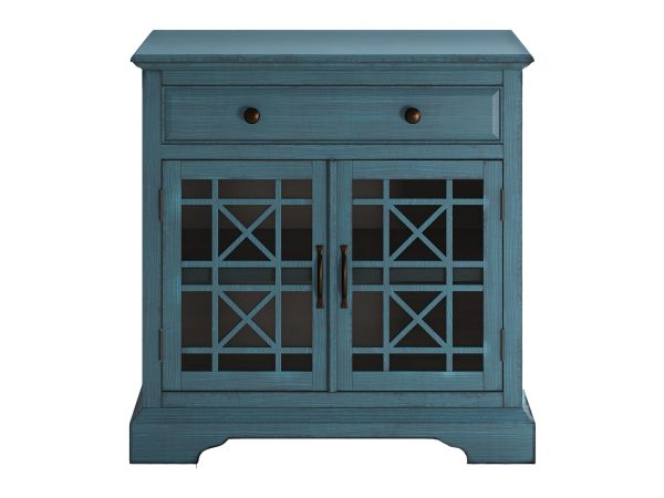 Drewniana komoda w stylu vintage z przeszklonymi frontami kolor turkusowy