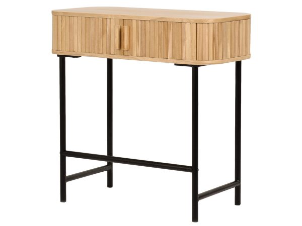 Konsolka z drewna na czarnej metalowej ramie do salonu lub przedpokoju