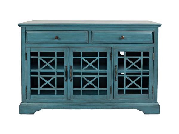 Drewniana komoda z dwoma szufladami i przeszklonymi drzwiami styl vintage kolor turkusowy