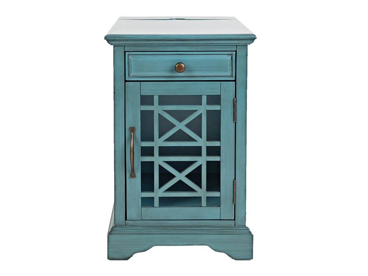 Szafka nocna niebieska z ozdobnymi szprosami i szufladą – Avola