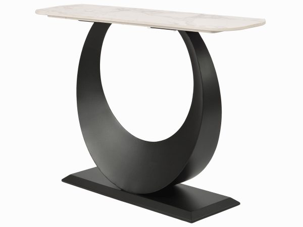 Nowoczesny stół z marmurowym blatem i czarną okrągłą nogą