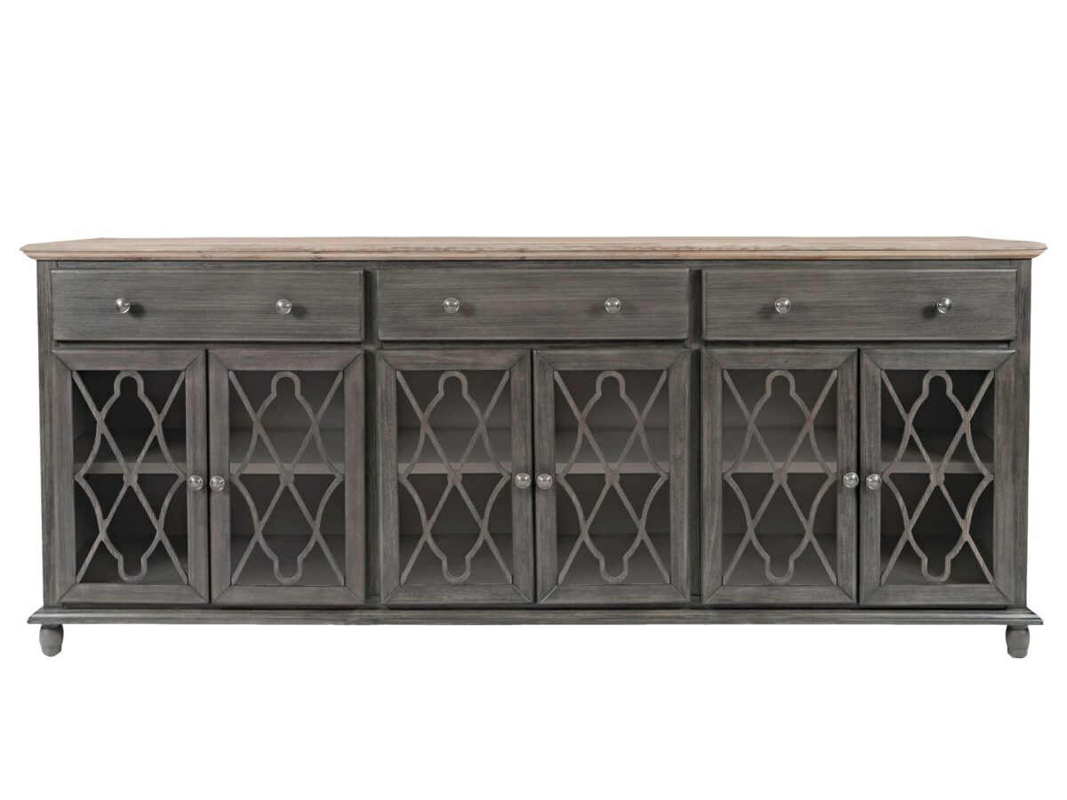 Komoda brązowoszara z przeszklonymi drzwiami i dekoracyjnymi szprosami – Avola