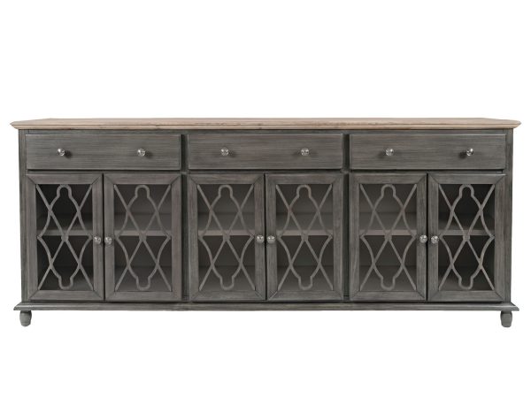 Drewniana komoda z przeszklonymi frontami w stylu vintage kolor ciemnoszary