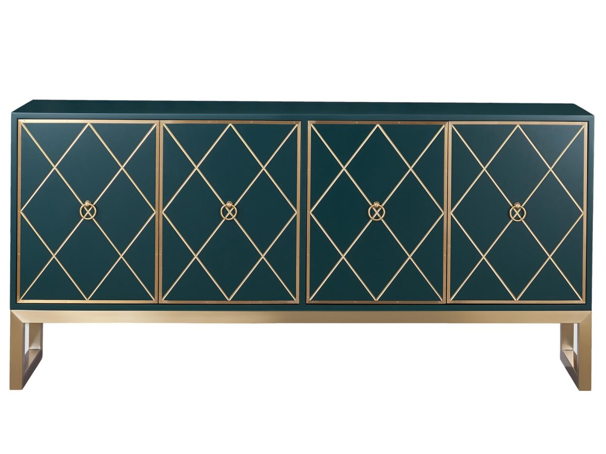 Komoda Butelkowa Zielona z Złotym Wzorem i Nóżkami w Kolorze Złota – Eleganza