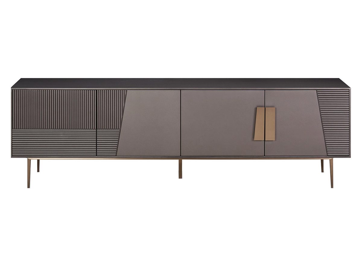 Komoda RTV Grafitowa z Złotymi Nóżkami i Ryflowanymi Frontami – Eleganza