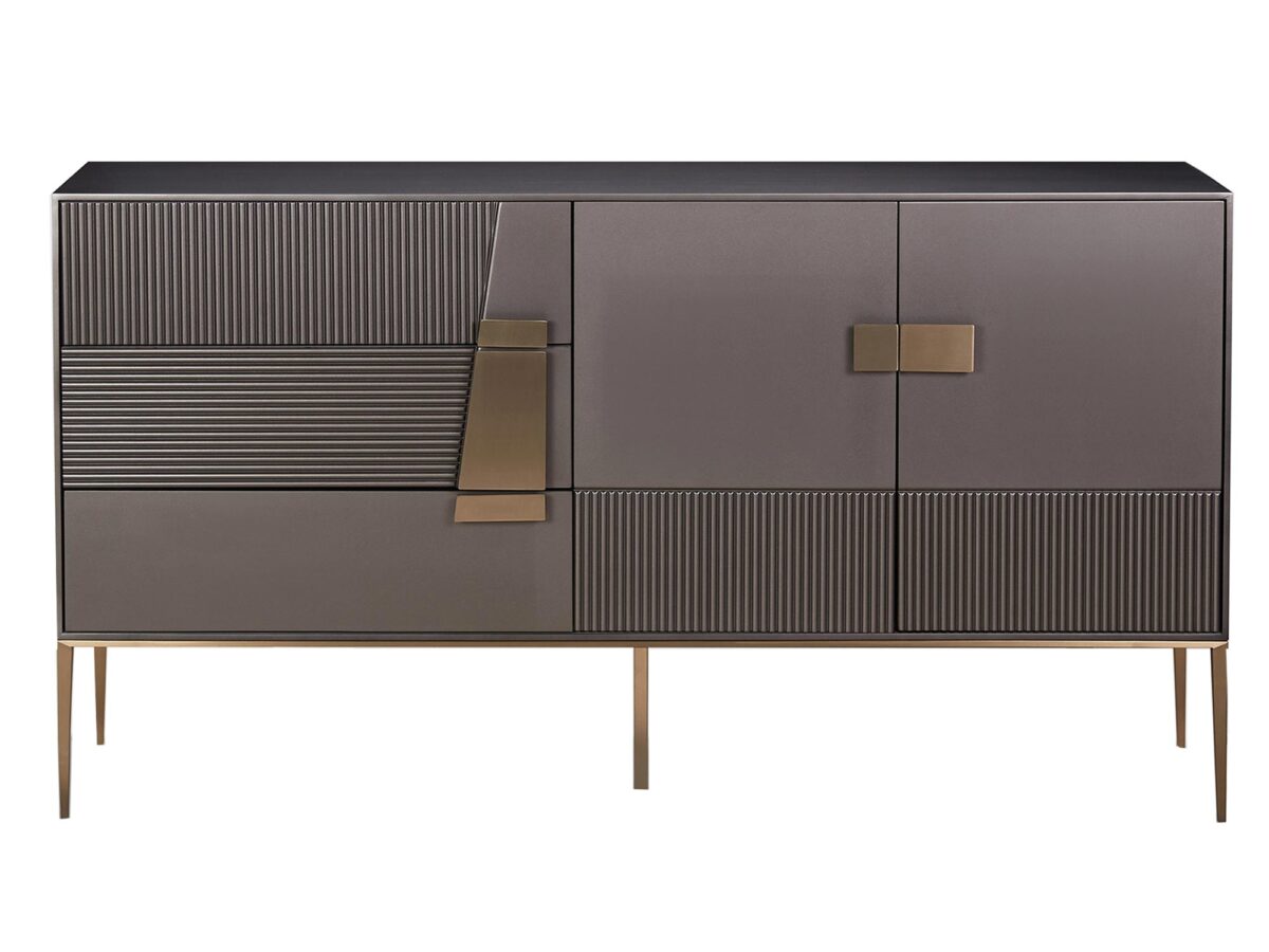 Komoda RTV Ciemnografitowa z Złotymi Nóżkami i Ryflowanymi Frontami – Eleganza