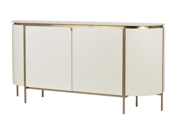 Elegancka biała komoda z prostym frontem i cienkimi złotymi nogami