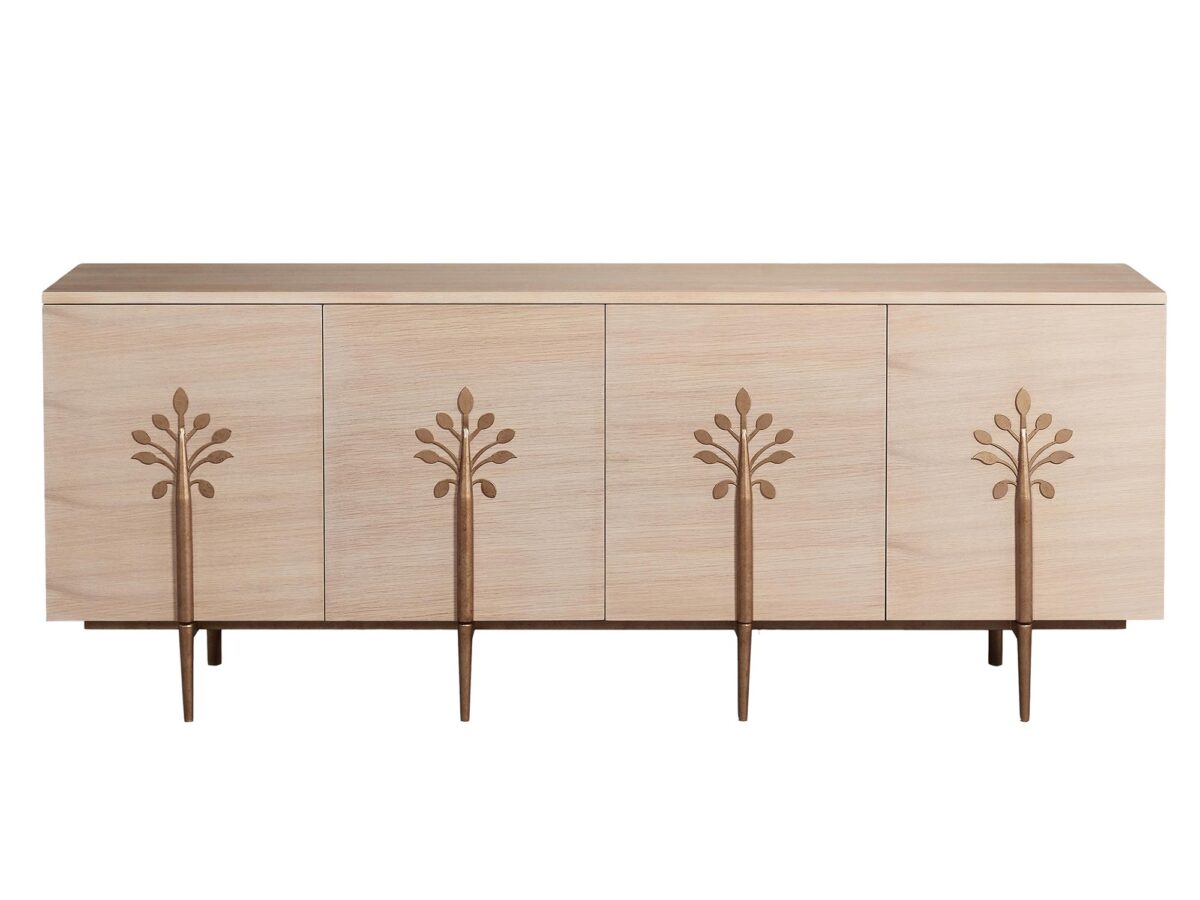 Komoda Biały Dąb z Złotymi Nogami i Art Deco Liśćmi – Eleganza