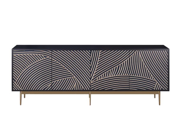 Stylowa komoda ciemnogranatowa z eleganckim wzorem na złotych nóżkach