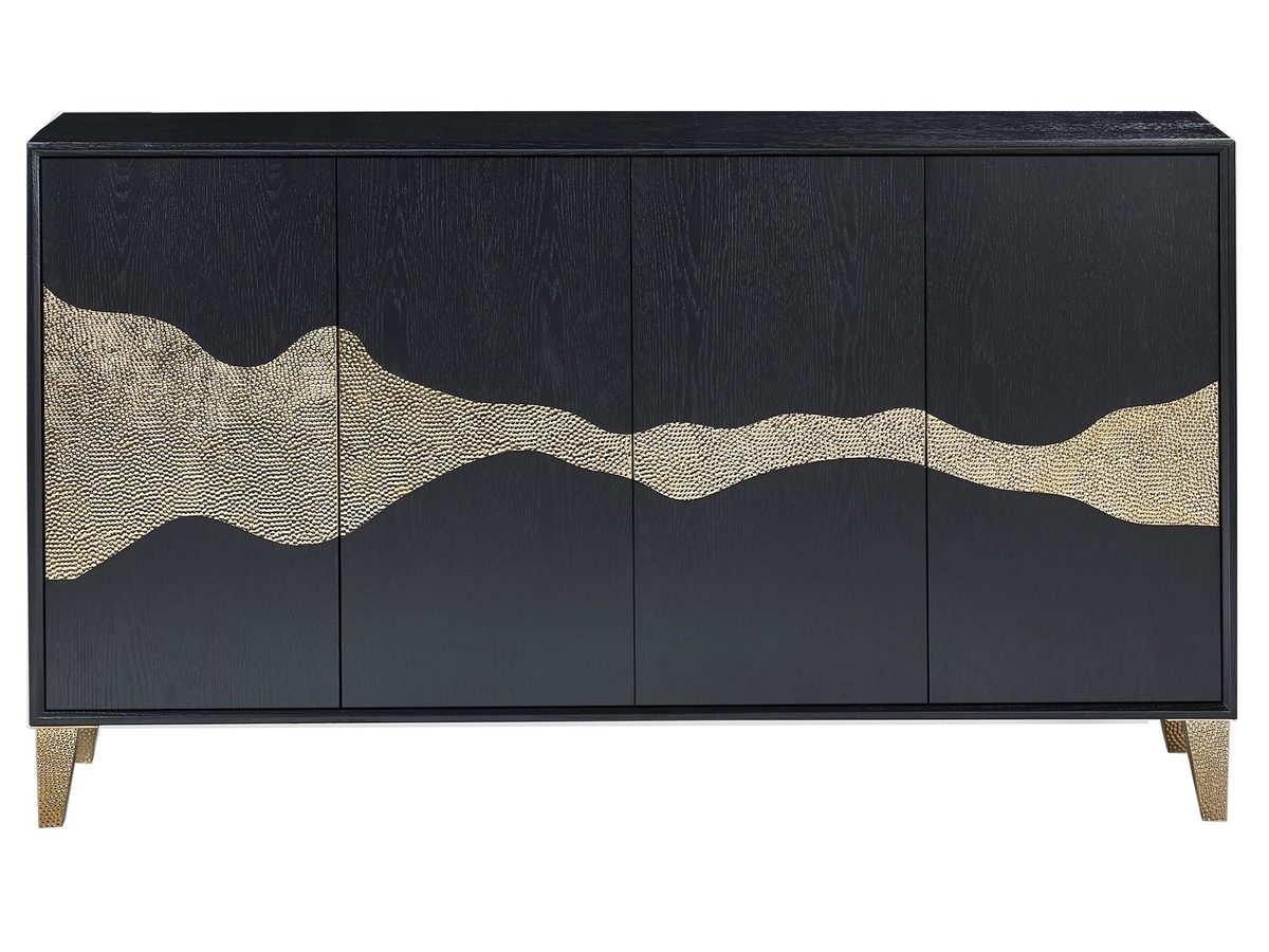 Oryginalna komoda czarna ze złotymi akcentami i parametrycznym wzorem – Eleganza