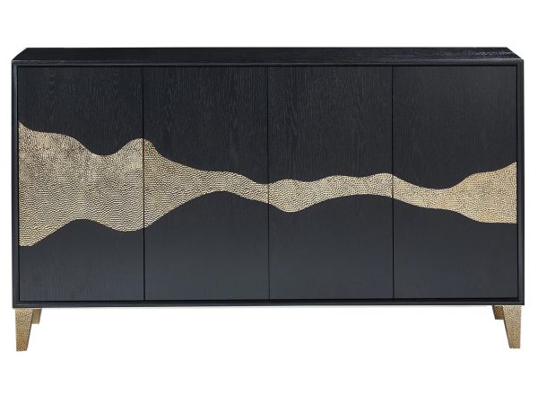 Oryginalna komoda w kolorze czarnym ze złotymi akcentami i nóżkami w kolorze złotym