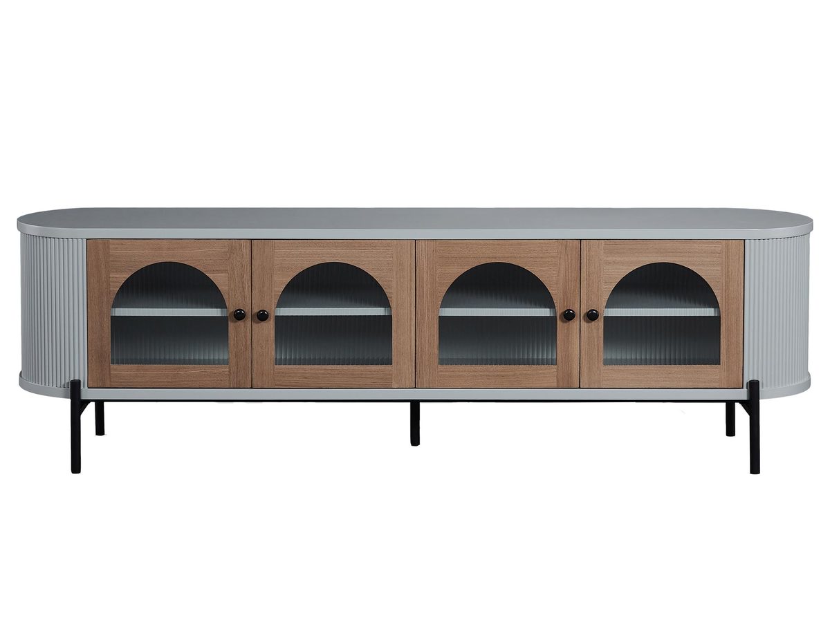 Komoda RTV szara z przeszklonymi drzwiami i ryflowanym drewnem – Eleganza