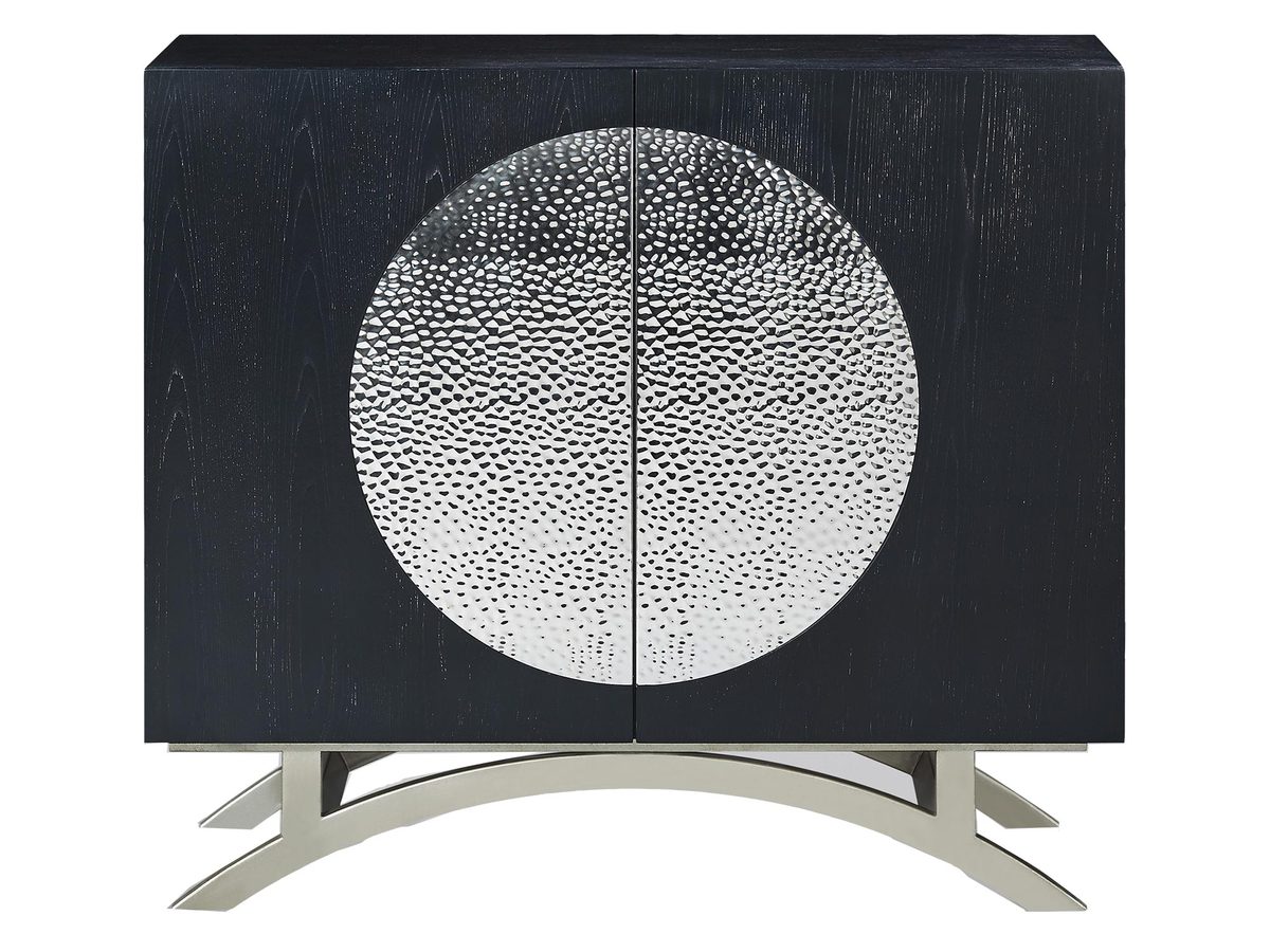 Komoda czarna z chromowanymi nogami i wzorem koła – Eleganza