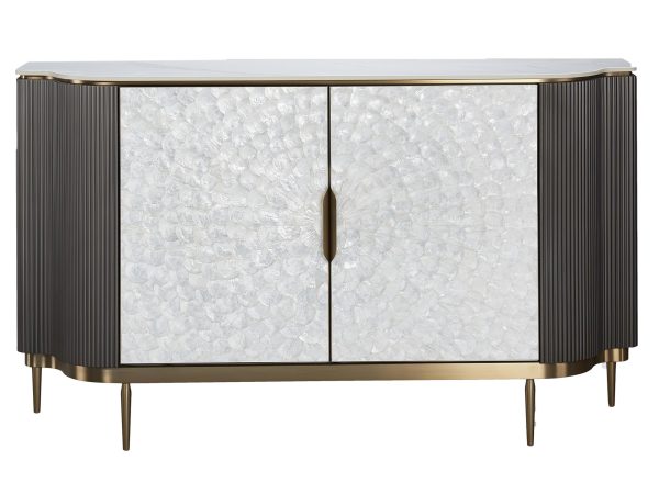 Nowoczesna komoda z metalowymi nóżkami w kolorze złota oraz oryginalnym frontem