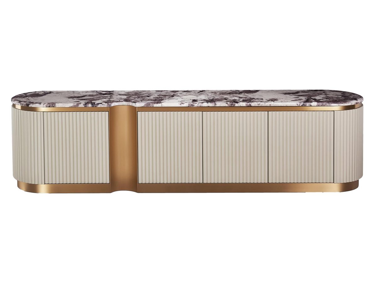 Komoda RTV Jasnokremowa z Złotymi Akcentami i Marmurowym Blatem – Eleganza