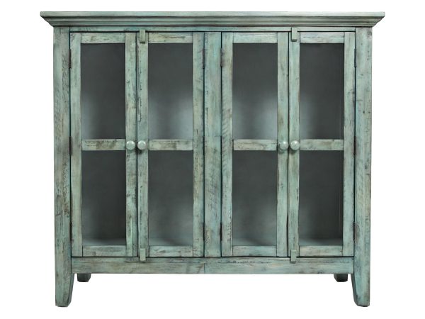 Zielona rustykalna komoda drewniana z przeszklonymi drzwiami, styl vintage