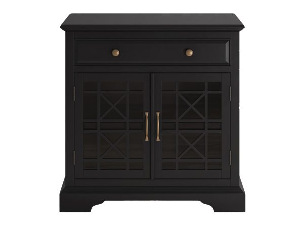 Czarna drewniana komoda z otwartą szufladą i przeszklonymi drzwiami w stylu klasycznym