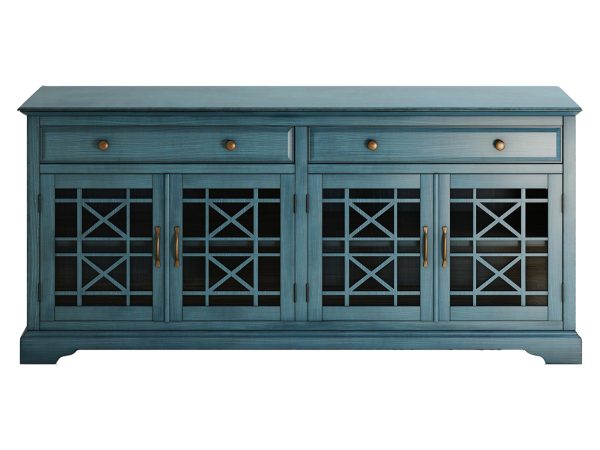 Komoda drewniana z przeszklonymi drzwiczkami i ozdobnymi uchwytami