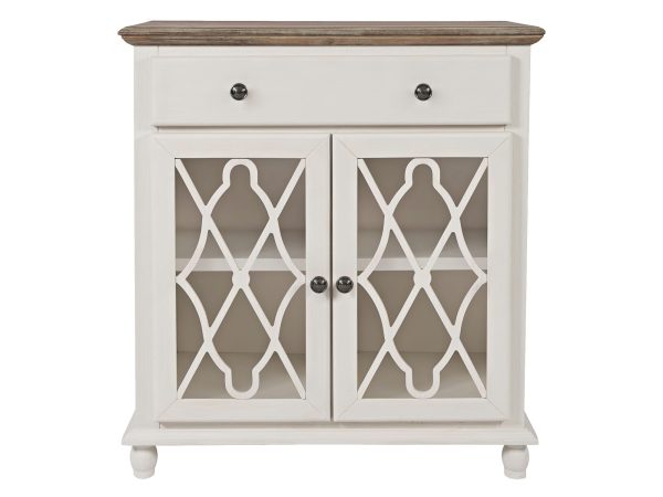 Komoda z drewnianym blatem i przeszklonymi drzwiami do stylowych wnętrz