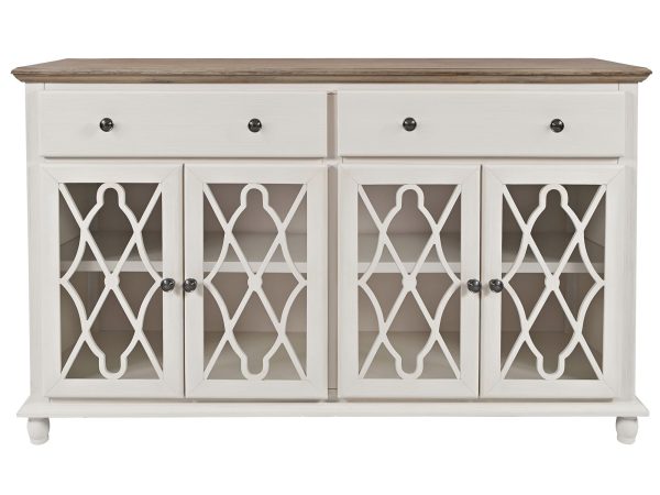 Elegancka komoda z drewnianym blatem i dekoracyjnymi frontami