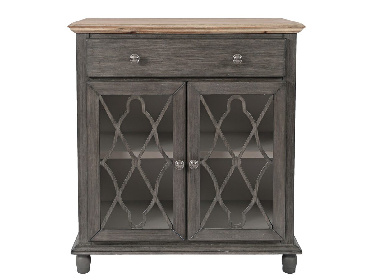 Komoda brązowoszara z jasnobrązowym blatem i przeszklonymi drzwiami – Avola