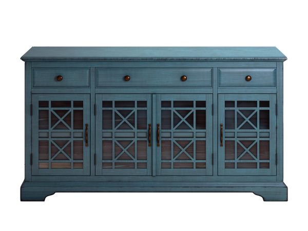 Drewniana komoda z trzema szufladami i przeszklonymi frontami w stylu vintage