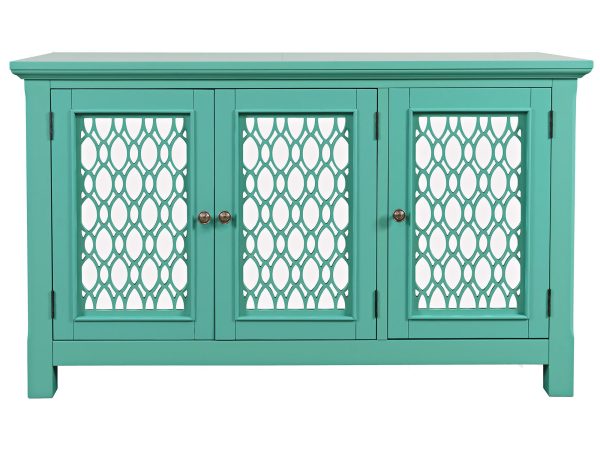 Zielona komoda z rzeźbionymi frontami i metalowymi uchwytami