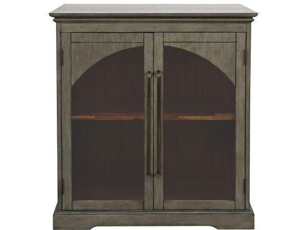 Witryna do salonu z czarnymi ramami i przeszklonymi drzwiami