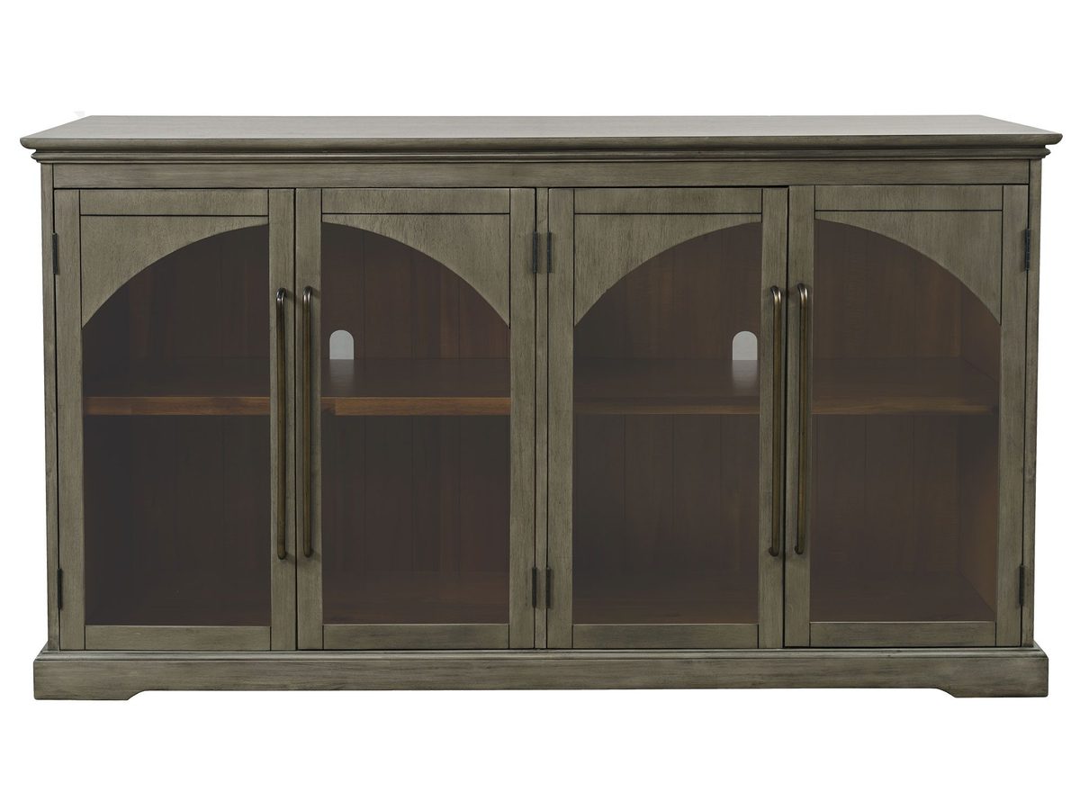 Komoda Szaro-Oliwkowa z Czwórką Przeszklonych Drzwi i Ozdobnymi Łukami – Avola