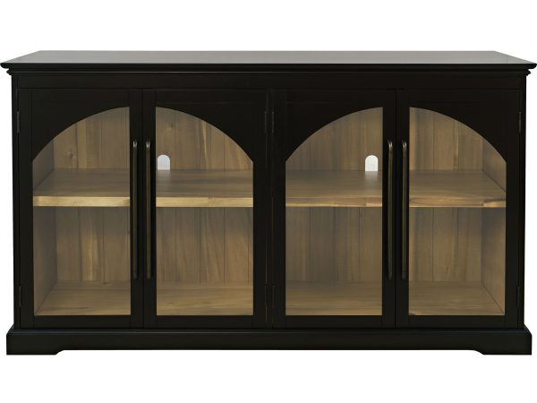 Witryna do salonu z czarnymi ramami i przeszklonymi frontami