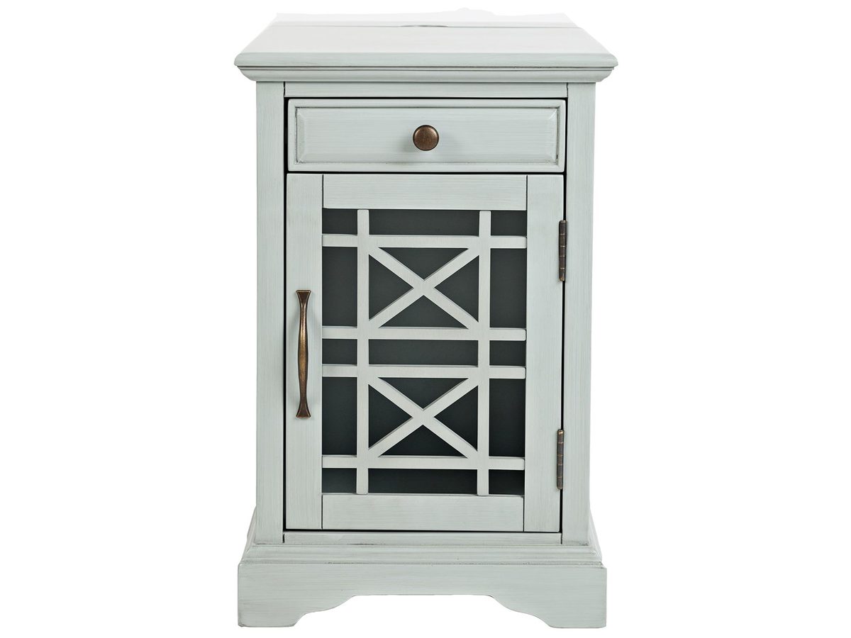 Szafka Nocna w Szaromiętowym Kolorze z Przeszklonymi Drzwiami i USB – Avola