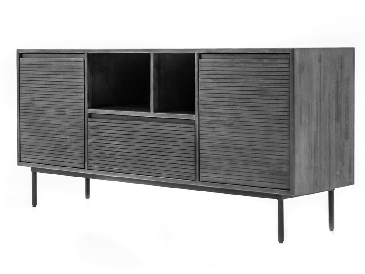 Industrialna szafka RTV z szufladami i otwartymi półkami Industrialna szafka RTV z szufladami i otwartymi półkami