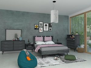 Miniaturka 2 - Stylowa sypialnia z industrialnym łóżkiem i różowym zagłówkiem