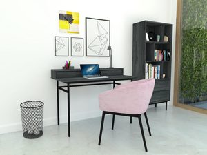 Miniaturka 1 - Detal nowoczesnego biurka z czarnym stelażem i drewnianym blatem