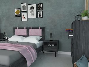 Miniaturka 6 - Zagłówek do łóżka z różowymi poduszkami i drewnianą ramą