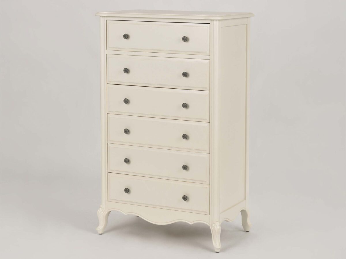 Komoda prowansalska z frezowanymi krawędziami i białym wykończeniem – Dijon