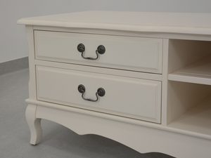 Miniaturka 1 - Biała szafka RTV z drewnianym blatem i ozdobnymi uchwytami retro