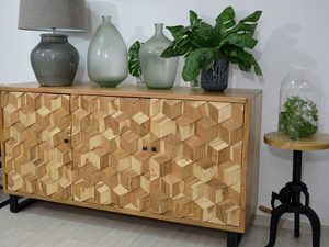 Miniaturka 3 - Drewniana komoda z geometrycznymi frontami w stylu industrialnym kolor naturalny