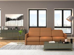 Miniaturka 2 - Salon z oliwkową ławą i pomarańczową sofą w tle