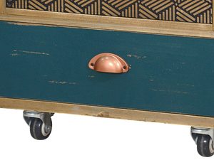 Miniaturka 1 - Drewniana szafka nocna z mosiężnym uchwytem i dekoracyjnym frontem w stylu vintage kolor turkusowy