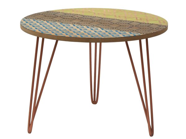 Okrągły stolik z metalowymi nogami i dekoracyjnym blatem w stylu retro kolor żółty