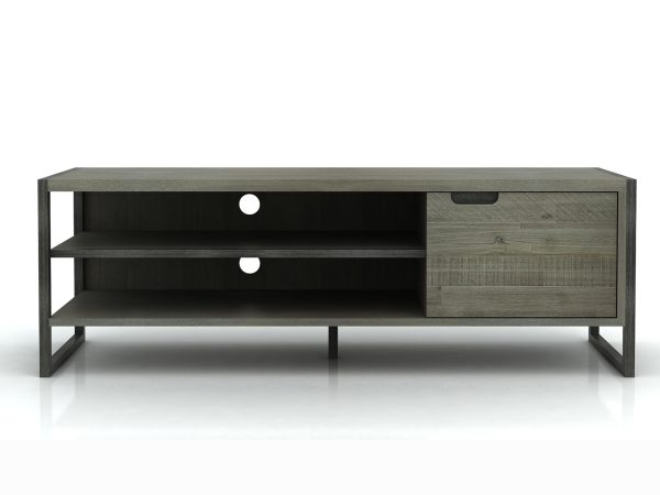 Szafka RTV MDF z frontami z akacji, metalowe akcenty, styl industrialny
