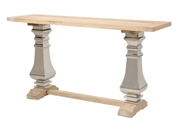 Konsola glamour z intarsją w naturalnym drewnie i stalowymi nogami – Luxe