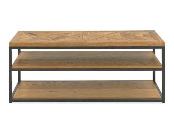 Minimalistyczny stolik RTV z drewnianym blatem